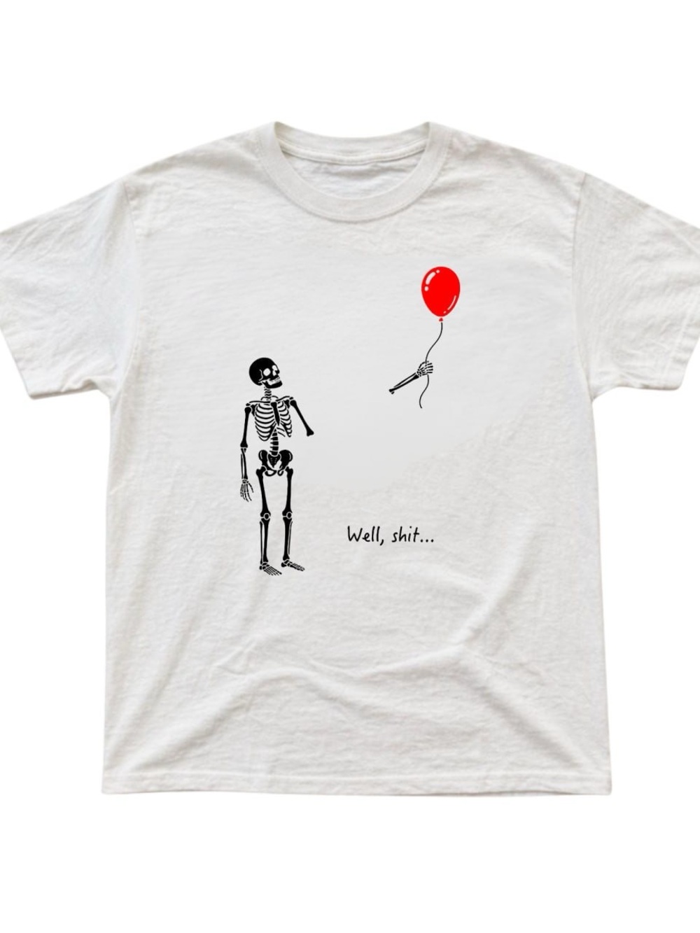 White Short-Sleeve Tee with Black Skeleton and Red Balloon Graphic